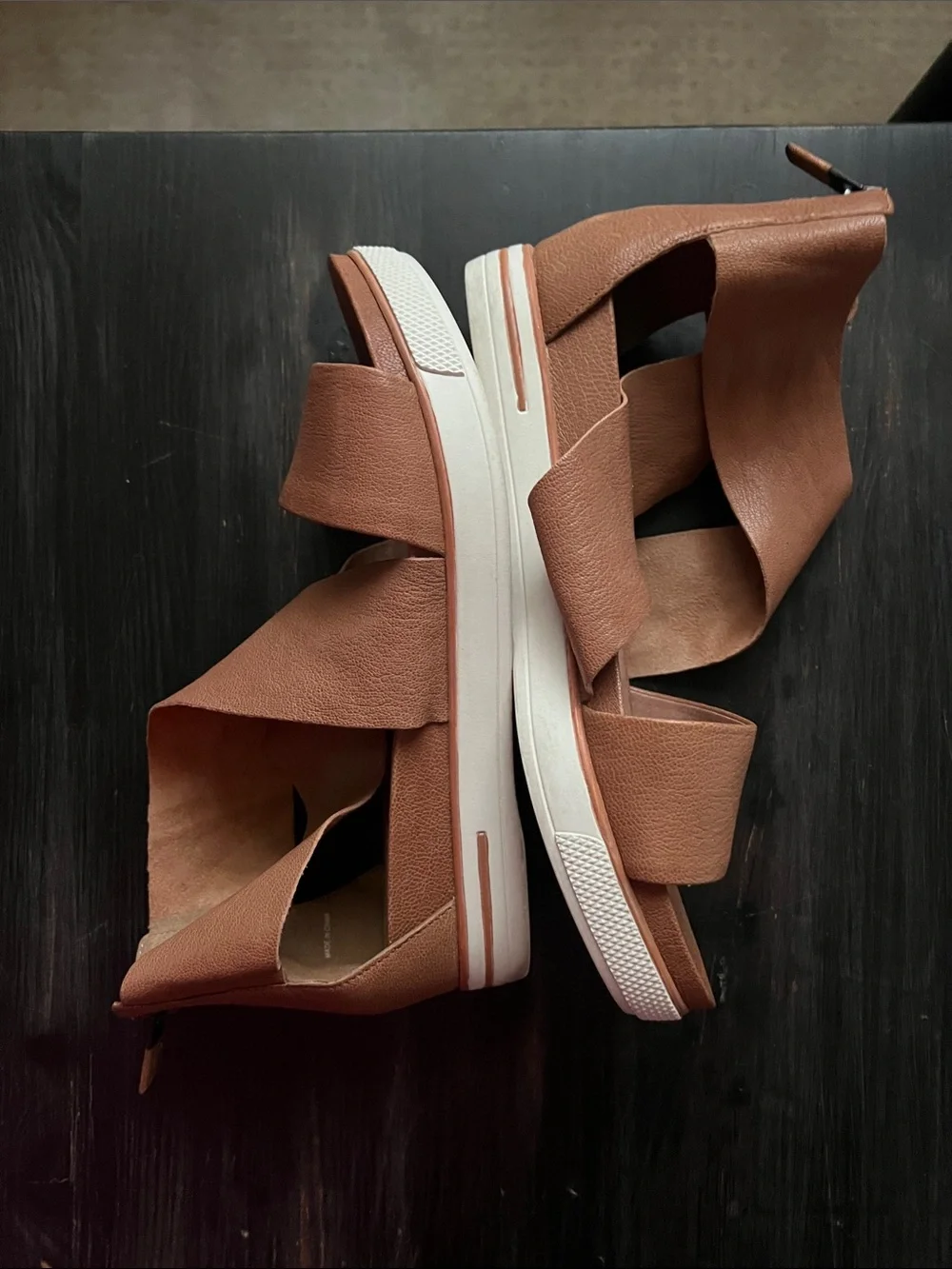 Eileen Fisher Tan Leather Crisscross Wedge Sandals